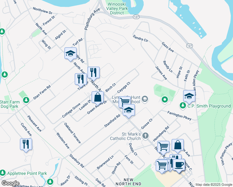 map of restaurants, bars, coffee shops, grocery stores, and more near 29 Cayuga Court in Burlington