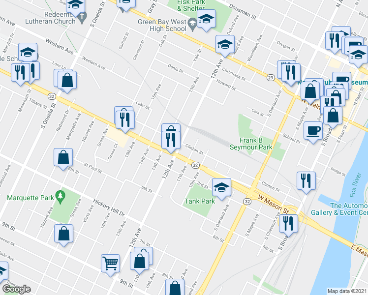 map of restaurants, bars, coffee shops, grocery stores, and more near 909 Clinton Street in Green Bay