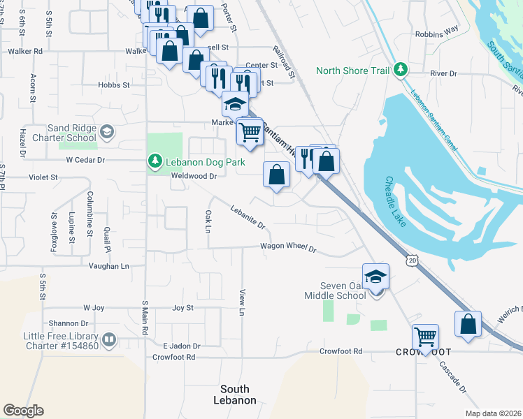 map of restaurants, bars, coffee shops, grocery stores, and more near 745 Lebanite Drive in Lebanon