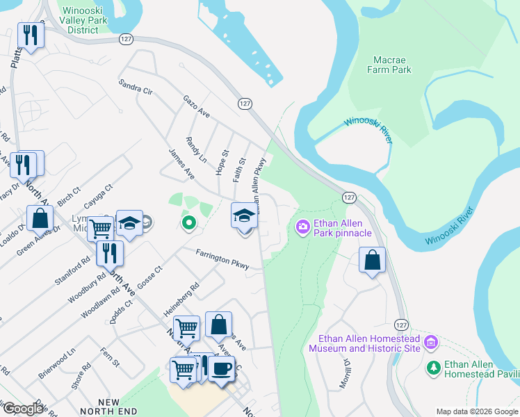 map of restaurants, bars, coffee shops, grocery stores, and more near 375 Ethan Allen Parkway in Burlington