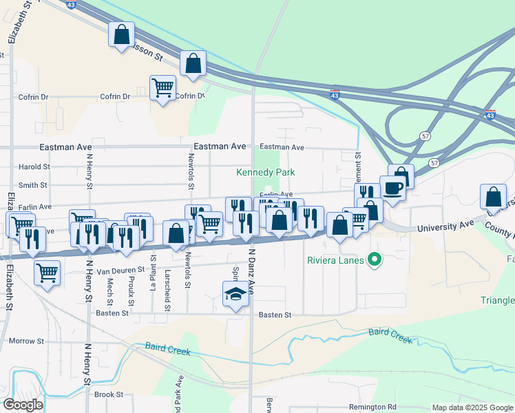 map of restaurants, bars, coffee shops, grocery stores, and more near 804 North Danz Avenue in Green Bay