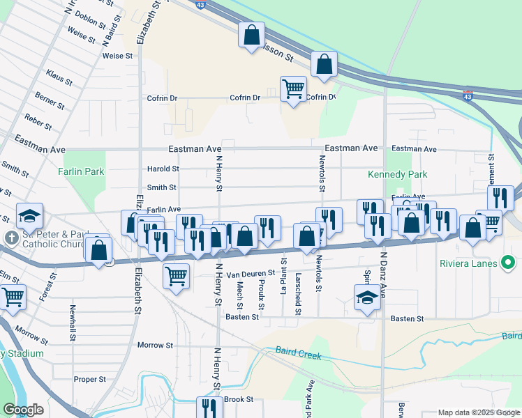map of restaurants, bars, coffee shops, grocery stores, and more near 1873 Preble Avenue in Green Bay