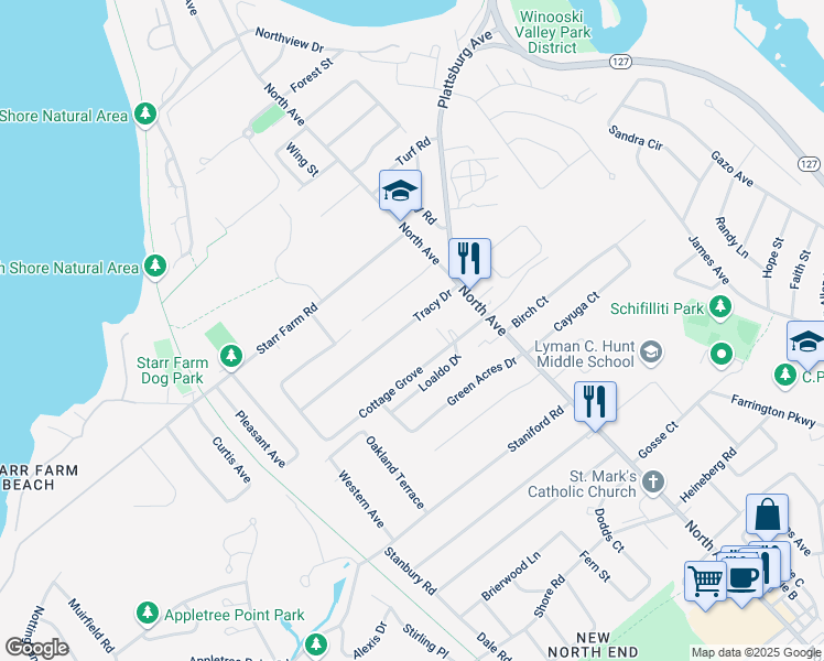 map of restaurants, bars, coffee shops, grocery stores, and more near 69 Tracy Drive in Burlington