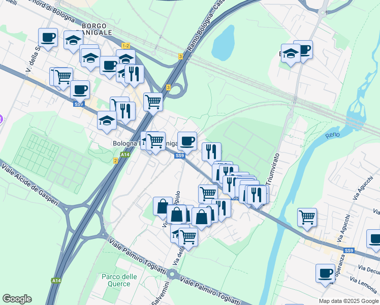 map of restaurants, bars, coffee shops, grocery stores, and more near 431 Via Emilia Ponente in Bologna