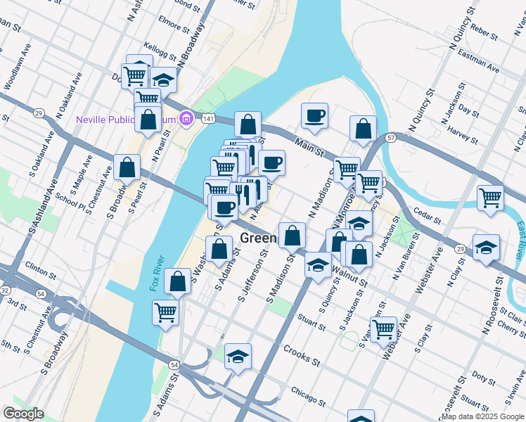 map of restaurants, bars, coffee shops, grocery stores, and more near 130 North Adams Street in Green Bay