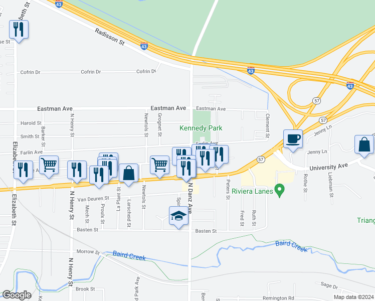 map of restaurants, bars, coffee shops, grocery stores, and more near 804 North Danz Avenue in Green Bay