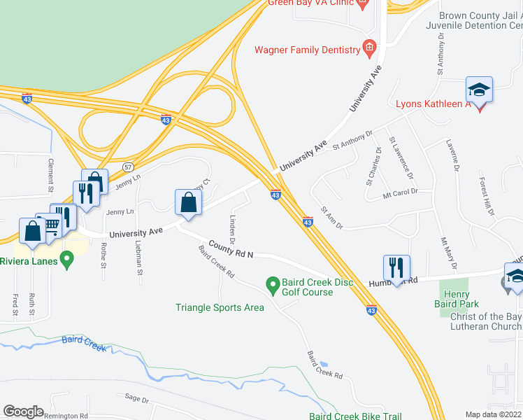 map of restaurants, bars, coffee shops, grocery stores, and more near 844 Linden Drive in Green Bay