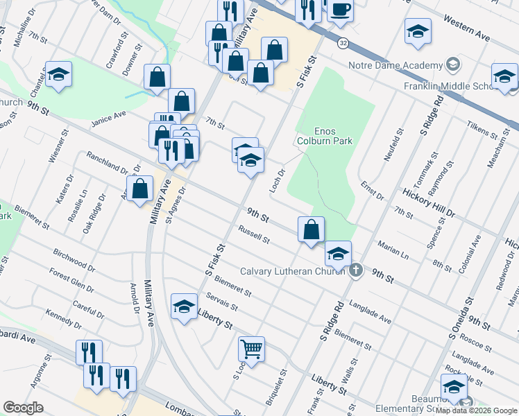 map of restaurants, bars, coffee shops, grocery stores, and more near 1445 9th Street in Green Bay