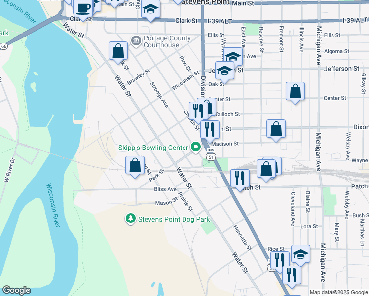 map of restaurants, bars, coffee shops, grocery stores, and more near 1016 Park Street in Stevens Point