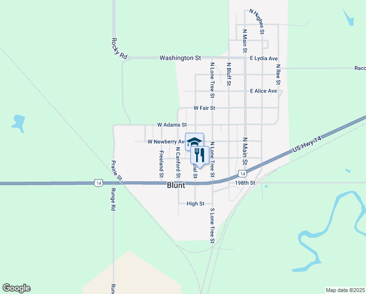 map of restaurants, bars, coffee shops, grocery stores, and more near 206 North Canford Street in Blunt