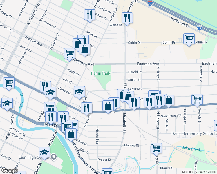 map of restaurants, bars, coffee shops, grocery stores, and more near 1486 Farlin Avenue in Green Bay
