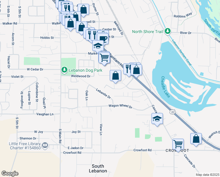 map of restaurants, bars, coffee shops, grocery stores, and more near 500 Weldwood Drive in Lebanon