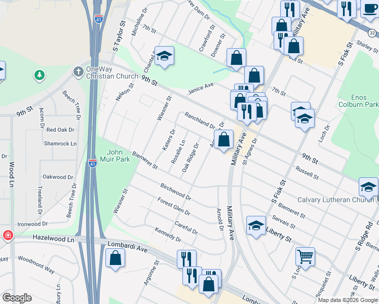 map of restaurants, bars, coffee shops, grocery stores, and more near 1445 Oak Ridge Drive in Green Bay