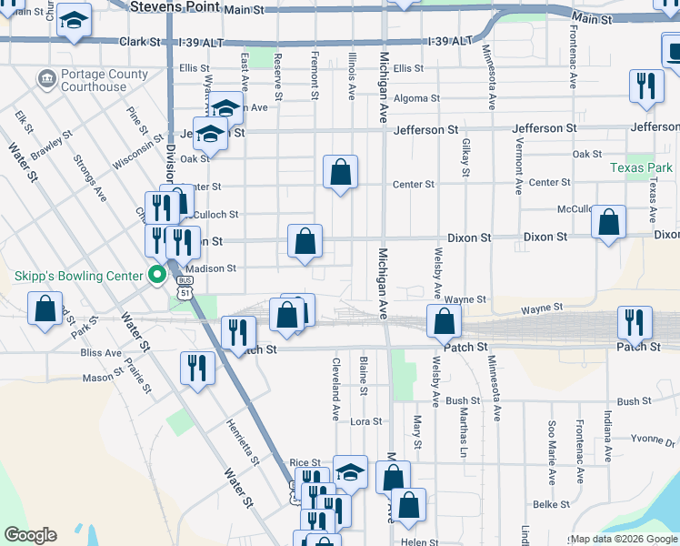 map of restaurants, bars, coffee shops, grocery stores, and more near 2344 Illinois Avenue in Stevens Point