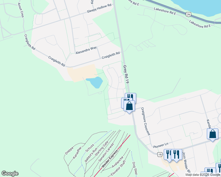 map of restaurants, bars, coffee shops, grocery stores, and more near 184 National Drive in Grey County