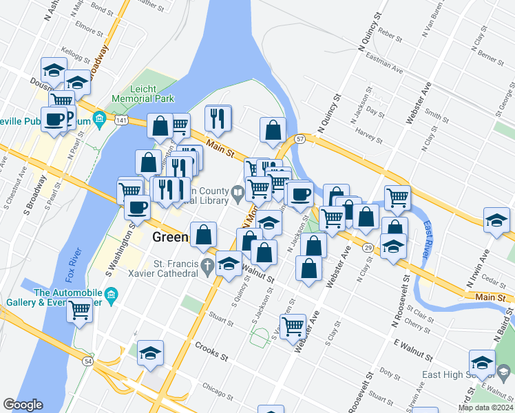 map of restaurants, bars, coffee shops, grocery stores, and more near 312 North Monroe Avenue in Green Bay
