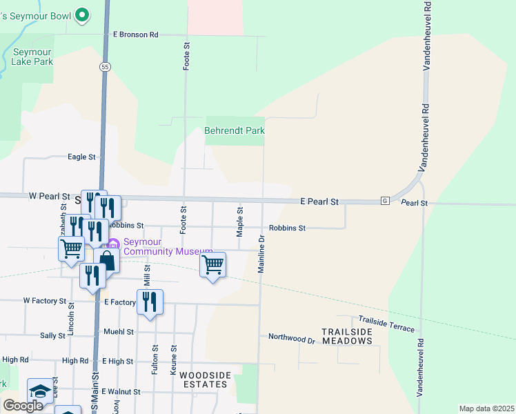 map of restaurants, bars, coffee shops, grocery stores, and more near 735 Robbins Street in Seymour