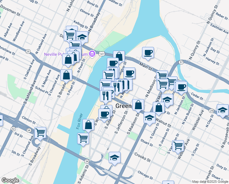 map of restaurants, bars, coffee shops, grocery stores, and more near 215 East Walnut Street in Green Bay