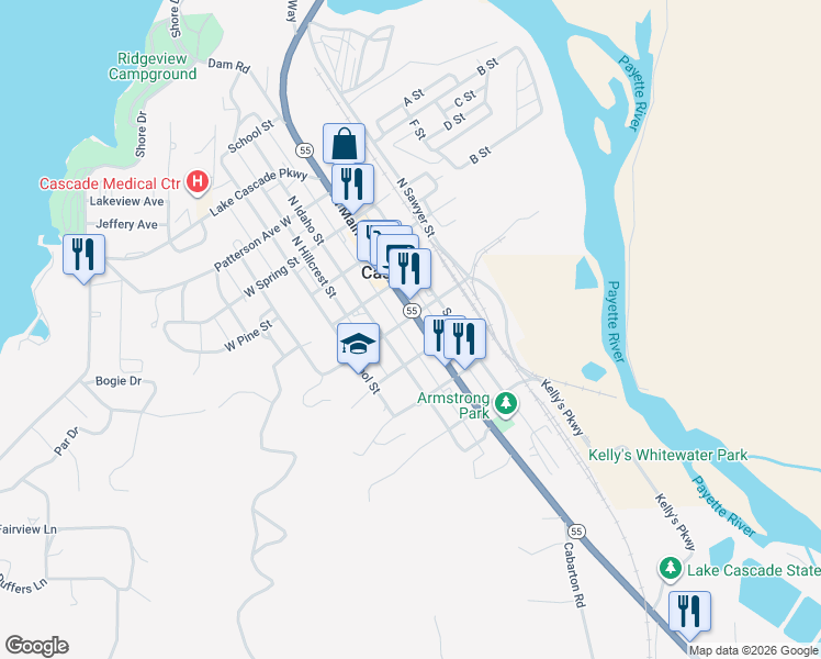 map of restaurants, bars, coffee shops, grocery stores, and more near 208 South Idaho Street in Cascade