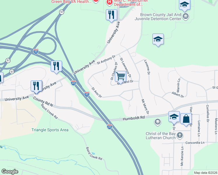map of restaurants, bars, coffee shops, grocery stores, and more near 2811 Saint Ann Drive in Green Bay