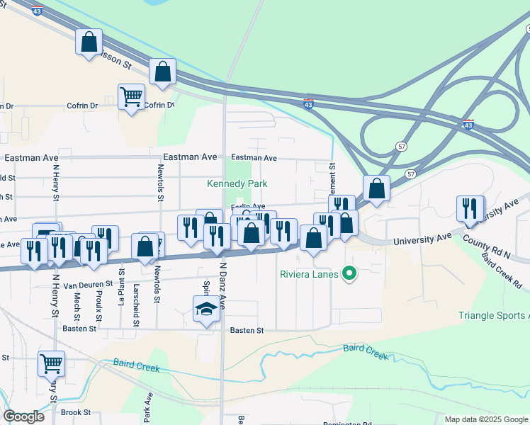 map of restaurants, bars, coffee shops, grocery stores, and more near 2310 Preble Avenue in Green Bay