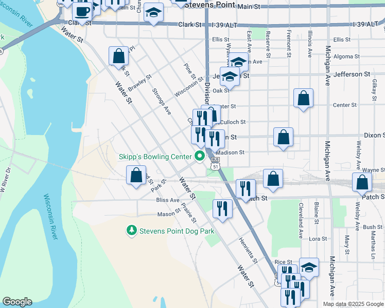 map of restaurants, bars, coffee shops, grocery stores, and more near 2300 Strongs Avenue in Stevens Point