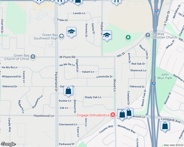 map of restaurants, bars, coffee shops, grocery stores, and more near 2475 Forestville Drive in Green Bay