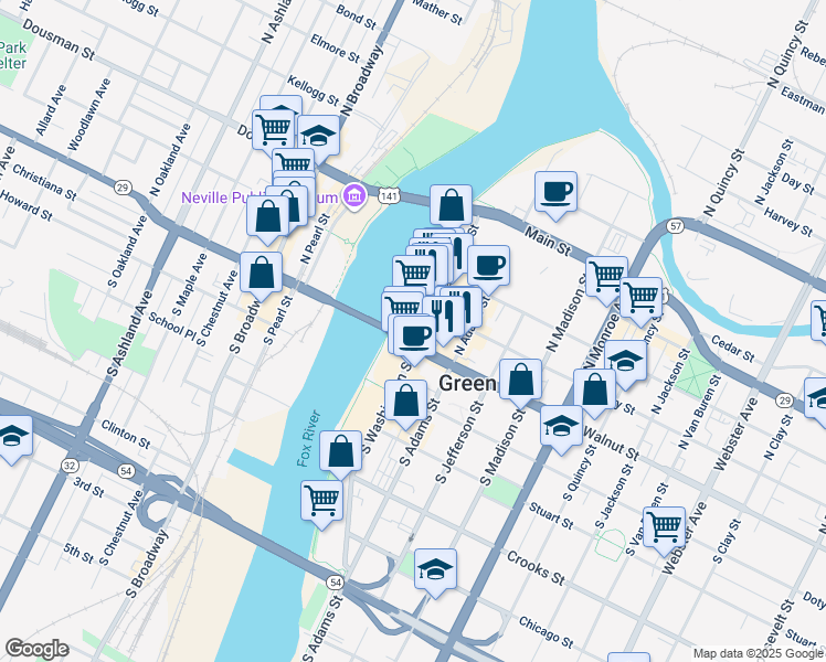 map of restaurants, bars, coffee shops, grocery stores, and more near 215 East Walnut Street in Green Bay