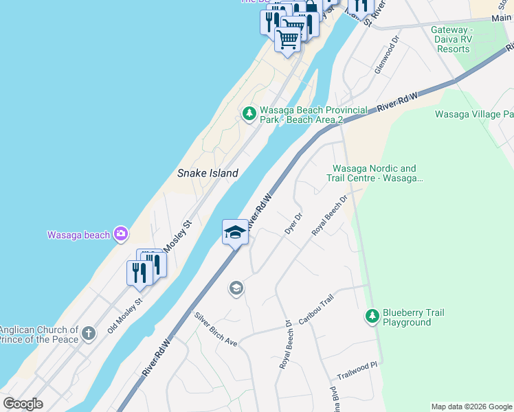 map of restaurants, bars, coffee shops, grocery stores, and more near 1226 River Road West in Wasaga Beach