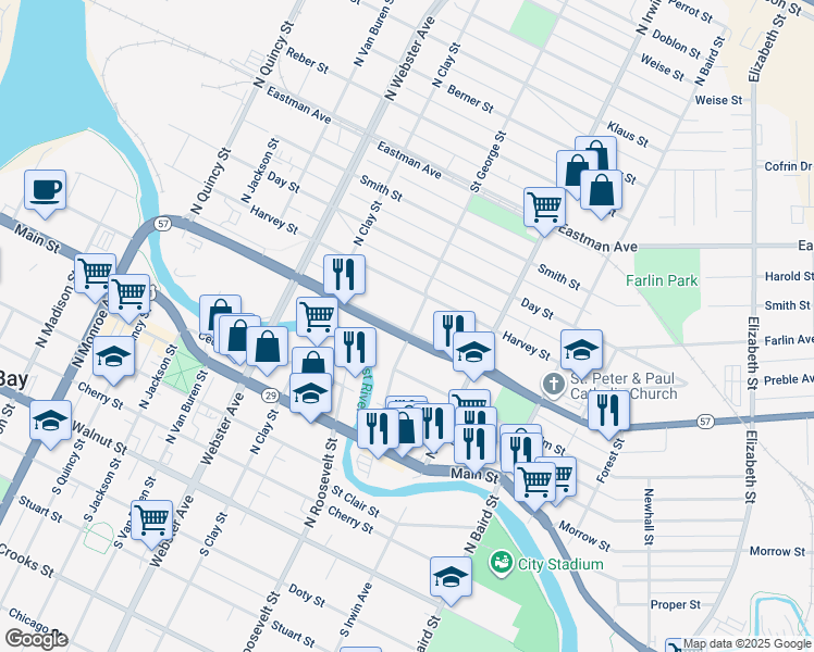 map of restaurants, bars, coffee shops, grocery stores, and more near 701 Saint George Street in Green Bay