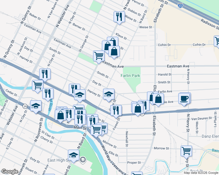 map of restaurants, bars, coffee shops, grocery stores, and more near 1358 Smith Street in Green Bay