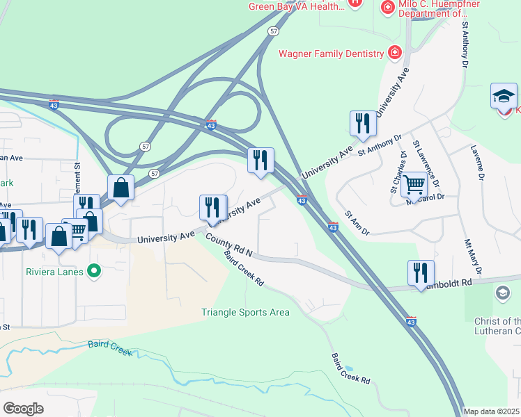 map of restaurants, bars, coffee shops, grocery stores, and more near 823 Linden Drive in Green Bay