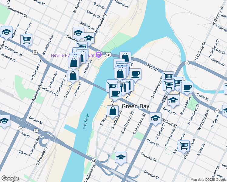 map of restaurants, bars, coffee shops, grocery stores, and more near 115 East Walnut Street in Green Bay
