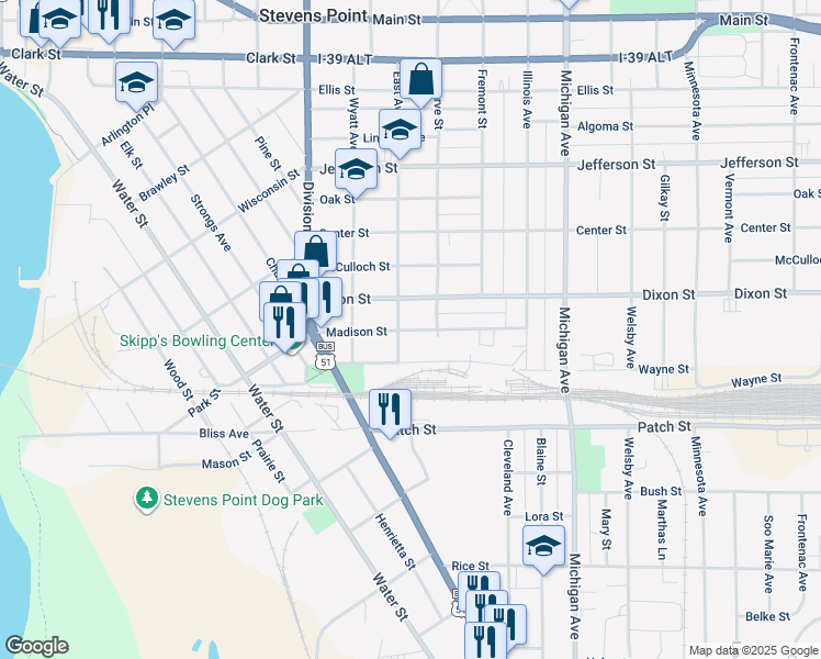 map of restaurants, bars, coffee shops, grocery stores, and more near 2001 Dixon Street in Stevens Point