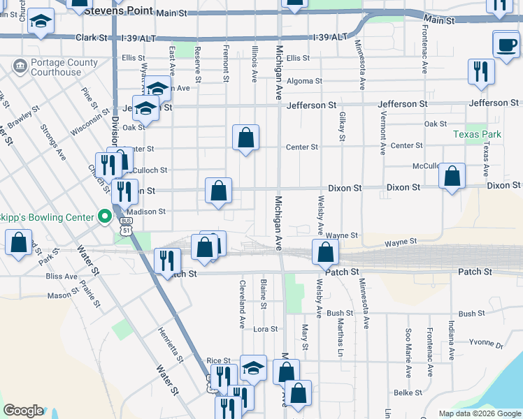 map of restaurants, bars, coffee shops, grocery stores, and more near 2208 Illinois Avenue in Stevens Point