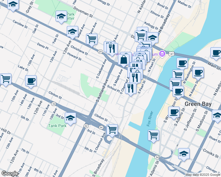 map of restaurants, bars, coffee shops, grocery stores, and more near 220 South Maple Avenue in Green Bay