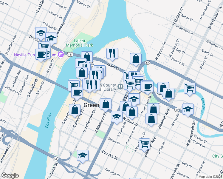map of restaurants, bars, coffee shops, grocery stores, and more near 417 Pine Street in Green Bay