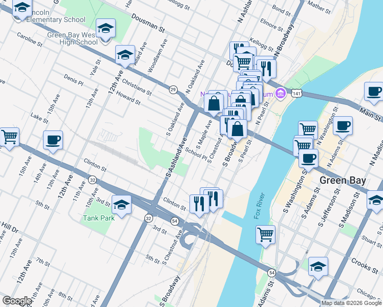 map of restaurants, bars, coffee shops, grocery stores, and more near 220 South Maple Avenue in Green Bay