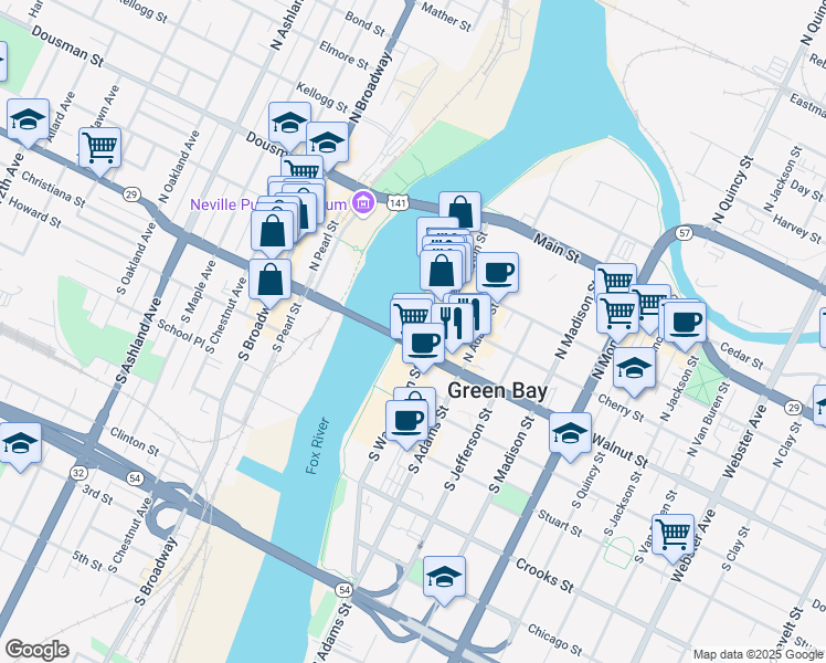 map of restaurants, bars, coffee shops, grocery stores, and more near 115 East Walnut Street in Green Bay