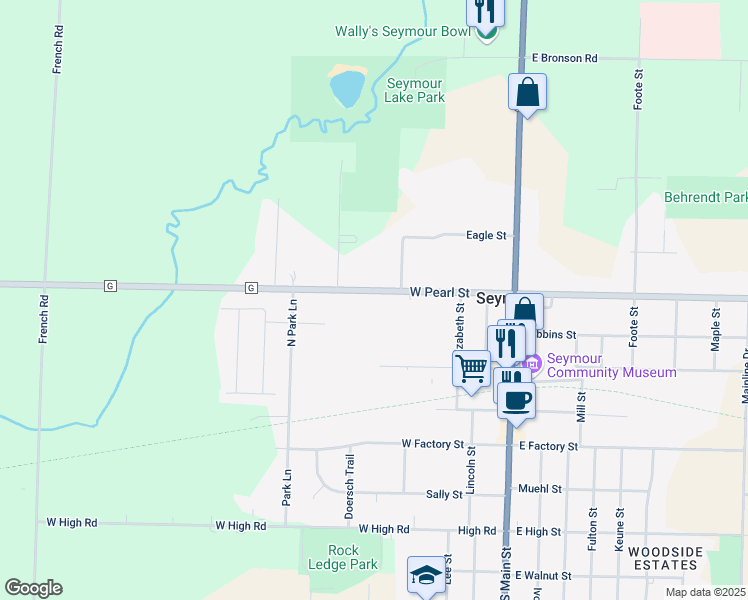 map of restaurants, bars, coffee shops, grocery stores, and more near 555 West Pearl Street in Seymour