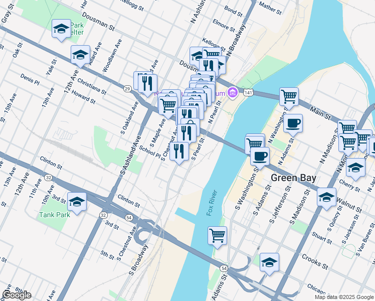 map of restaurants, bars, coffee shops, grocery stores, and more near 412 Howard Boulevard in Green Bay