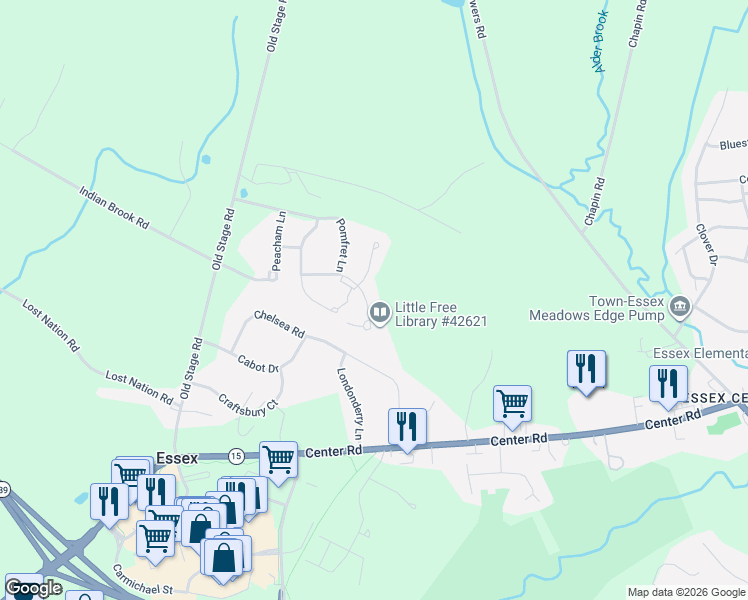 map of restaurants, bars, coffee shops, grocery stores, and more near 1 Thistle Lane in Essex