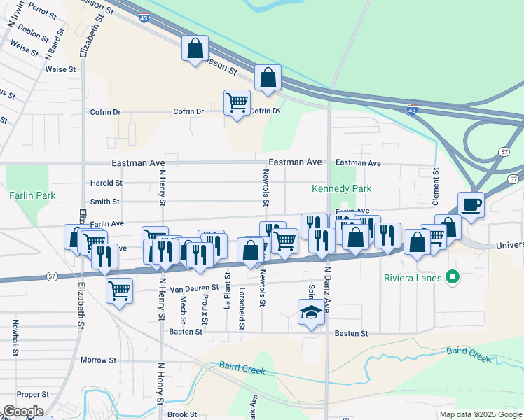 map of restaurants, bars, coffee shops, grocery stores, and more near 903 Newtols Street in Green Bay