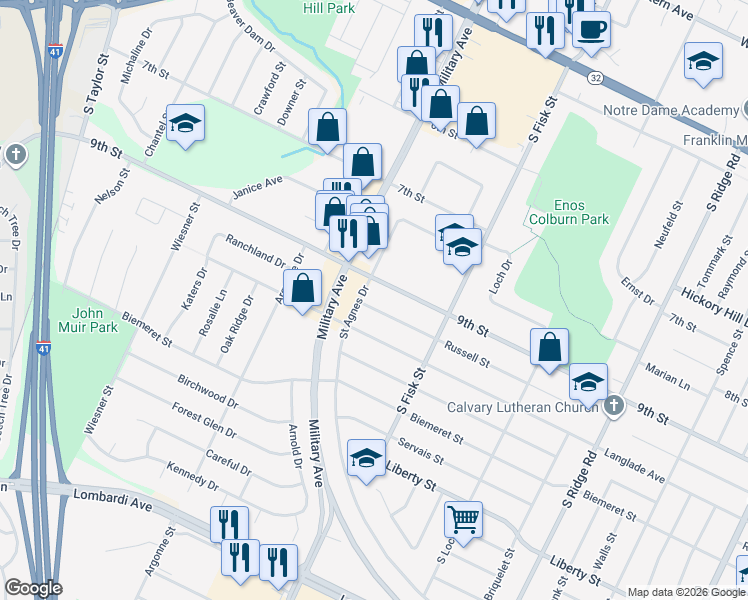 map of restaurants, bars, coffee shops, grocery stores, and more near 1547 9th Street in Green Bay