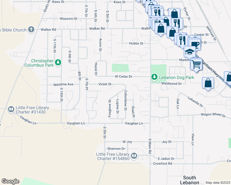 map of restaurants, bars, coffee shops, grocery stores, and more near 247 Larkspur Street in Lebanon