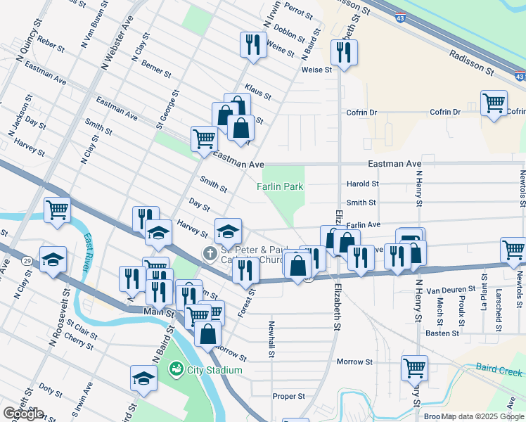 map of restaurants, bars, coffee shops, grocery stores, and more near 1455 Smith Street in Green Bay