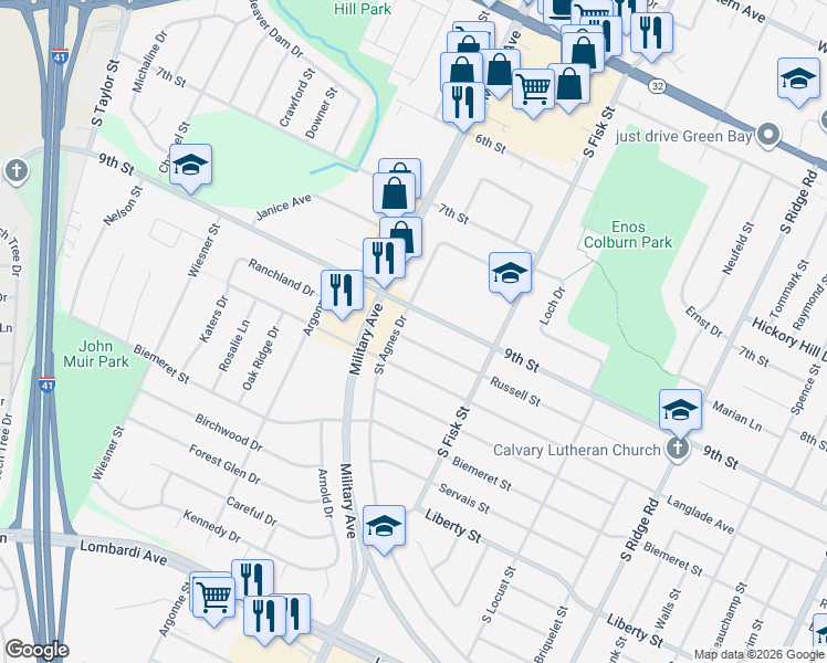 map of restaurants, bars, coffee shops, grocery stores, and more near 1547 9th Street in Green Bay