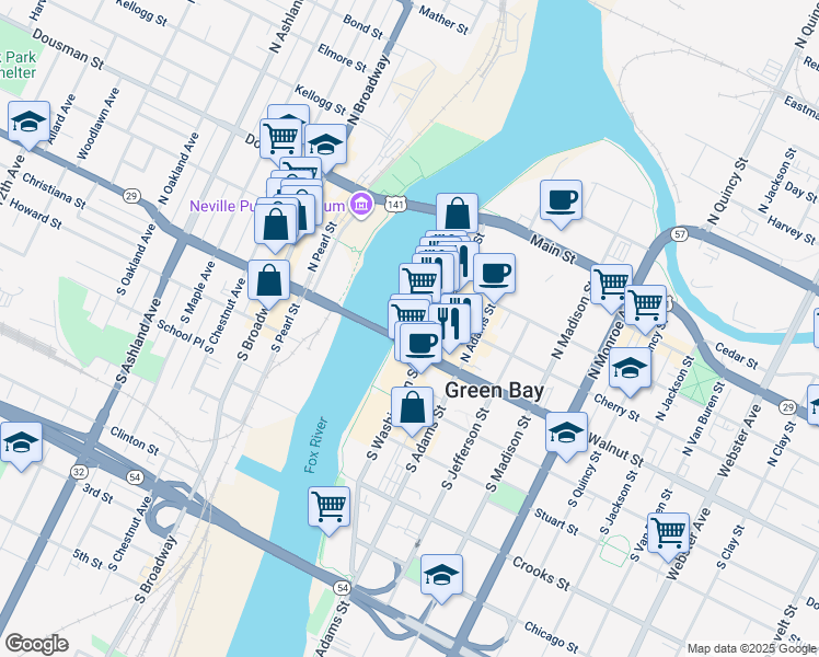 map of restaurants, bars, coffee shops, grocery stores, and more near 115 East Walnut Street in Green Bay