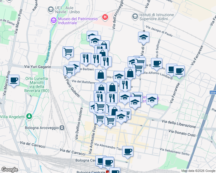 map of restaurants, bars, coffee shops, grocery stores, and more near 63 C Via Lionello Spada in Bologna