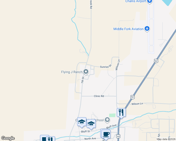 map of restaurants, bars, coffee shops, grocery stores, and more near 900 Challis Creek Road in Challis